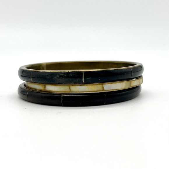 Brass Bangle Bracelet Set - Black, Gold, Mother of Pearl -‎ Stackable Jewelry - Picture 1 of 9